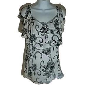 {WHBM} Black & White Silk Floral Ruffled Blouse
